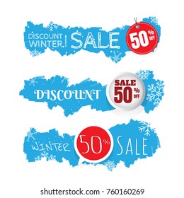Winter sale vector banner set with sale for seasonal marketing promotion discount texts and labels in blue background. Vector illustration. on white background