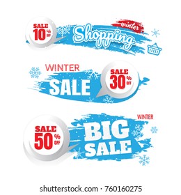 Winter sale vector banner set with sale for seasonal marketing promotion discount texts and labels in blue background. Vector illustration. on white background