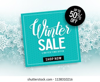 Winter sale vector banner template with blue frame for sale text & snowflakes elements in white snow background for year end promotion. Vector illustration.
