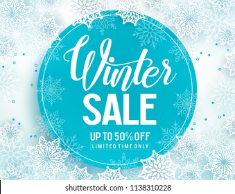 Winter sale vector banner template with white snowflakes background, snow elements and blue circle for winter sale typography. Vector illustration.
