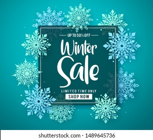 Winter sale vector banner template with sale text in frame for shopping promotion and snowflakes on blue background design. Vector illustration.