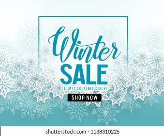 Winter sale vector banner with  white snowflakes elements and winter sale text in blue snow background for seasonal promotion. Vector illustration.
