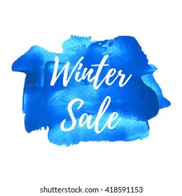 Winter Sale vector card, poster, logo, illustration, lettering, words, text written on blue painted hand drawn background. Typographical motivational inspirational positive love template
