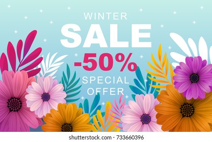 Winter Sale vector design template on a floral background.