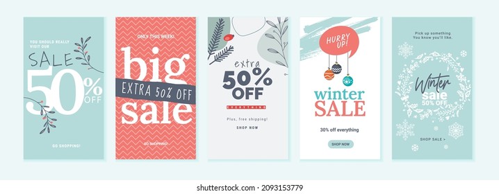 Winter sale. Vector illustrations for web and social media sale banners, shopping and e-commerce, store branding, sale tags and coupons, product promotion, marketing.