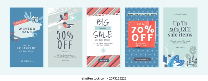 Winter sale. Vector illustrations for web and social media sale banners, shopping and e-commerce, store branding, sale tags and coupons, product promotion, marketing.