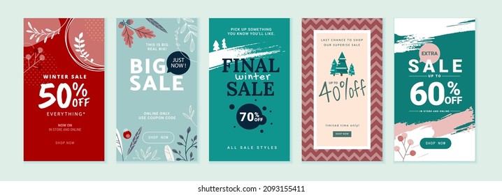 Winter sale. Vector illustrations for web and social media sale banners, shopping and e-commerce, store branding, sale tags and coupons, product promotion, marketing.