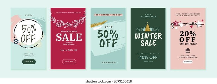 Winter sale. Vector illustrations for web and social media sale banners, shopping and e-commerce, store branding, sale tags and coupons, product promotion, marketing.