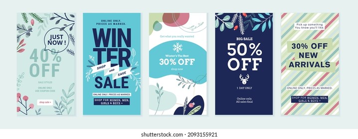 Winter sale. Vector illustrations for web and social media sale banners, shopping and e-commerce, store branding, sale tags and coupons, product promotion, marketing.