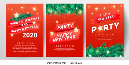 Winter sale vector poster or banner set with discount text and Christmas tree branches, stars on a red background for poster, greeting cards, headers, website