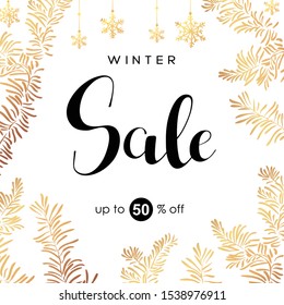 Winter sale vector poster or banner set with discount text and snow elements in golden branches and white snowflakes background for shopping promotion. Vector illustration.