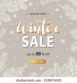 Winter sale vector poster or banner set with discount text and snow elements in golden branches and white snowflakes background for shopping promotion. Vector illustration.