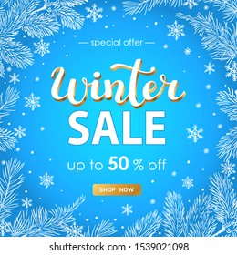 Winter sale vector poster or banner with discount text and snow elements. Branches and white snowflakes background for shopping promotion. Vector illustration.