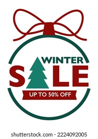 Winter sale vector poster. Banner sign with sale text template in green red. Winter season discount promotion. Vector illustration.