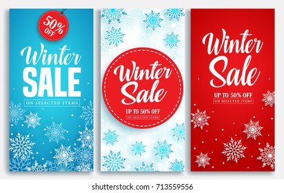 Winter sale vector poster or banner set with discount text and snow elements in blue and red snowflakes background for shopping promotion. Vector illustration.
