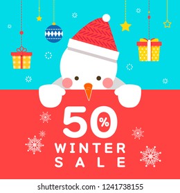Winter sale vector poster design with Snowman, Gift boxes, white snowflakes and winter sale text for shopping promotion. Vector illustration.