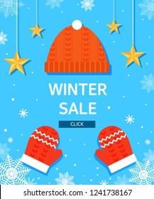 Winter sale vector poster design with Fur hat, white snowflakes and winter sale text for shopping promotion. Vector illustration.