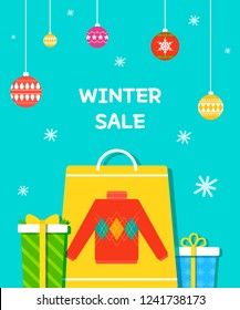 Diseño de póster vectorial de venta de invierno con bolsa de compras, caja de regalo y texto de venta de invierno para promociones de compras. Ilustración vectorial.