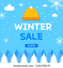 Winter sale vector poster design with Fur hat, Trees, white snowflakes and winter sale text for shopping promotion. Vector illustration.