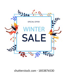 Diseño de afiche vectorial de venta de invierno. Diseño de afiches con hojas de invierno y pájaros. Ilustración vectorial. EPS 10