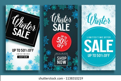 Winter Sale Vector Poster Template Set With Discount Text And Snow Elements In Different Backgrounds For Holiday Shopping Promotion. Vector Illustration.
