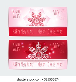 Winter sale. Vector template with festive design to print leaflets, articles in magazine, booklet and postcards. Merry Christmas and happy New year.Silver snowflake on a red background.