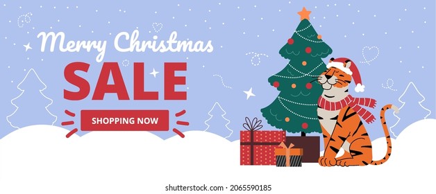 Winter sale vertical banner for christmas and new year sale.Tiger in a Santa Claus hat and scarf sits near Christmas tree with presents.Vector flat illustration for landing page,newsletter.