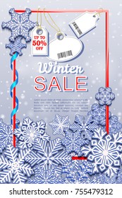 Winter Sale Vertical Banner With Snowfall And Tags. Barcode Does Not Contain Links To Products And Websites. Vector Illustration.