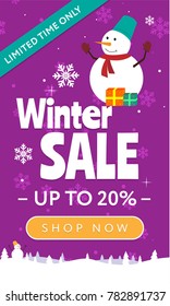 Winter sale vertical web banner. Snowman with snow background