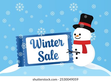 Winter Sale Voucher with Blue Gradient Color Handled by White Snowman Wearing Red Black Hat on White Background