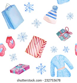 Winter sale watercolor background. Seamless pattern with hand drawn fashion and shopping objects. Vector illustration.