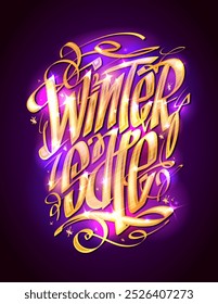 Plantilla de Anuncio de Web de la venta de invierno con letras de caligrafía de color dorado y fondo brillante púrpura