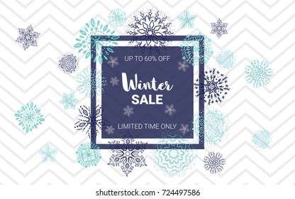 Winter sale website banner template. Lettering design with beautiful snowflakes. Elegant template for Xmas advertises, wallpaper, flyers, invitations, posters, brochures, banners, calendar.