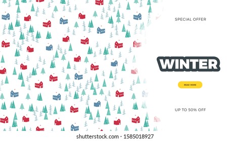 Winter Sale website template. Retro style vector background, cute template with pine trees, snow and village houses, nordic rorbu for poster or web page design