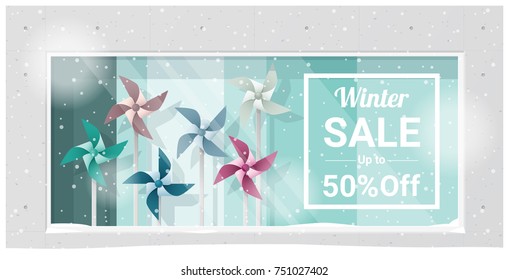 Winter sale window display with colorful pinwheels background , vector , illustration