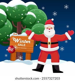 winter sale wooden sign with falling snow, winter coming, santa with cute smile