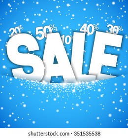 Winter sale word decorated with snow on blue background