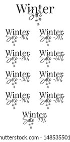 Winter Sale wording design, vector isolated on white background, lettering, Winter Sale 10%, 20%, 30%, 40%, 50%, 60%, 70%, 80%, 90%