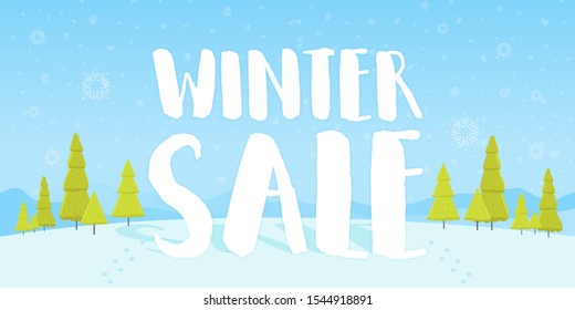 Winter sale words on the beautiful Chrismas flat Winter holidays landscape background with trees, snowflakes, falling snow. Vector illustration