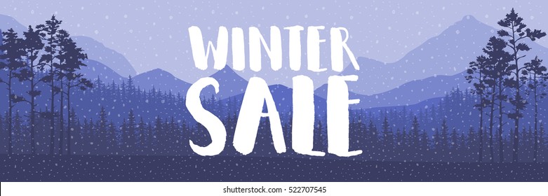 Winter sale words on the beautiful Christmas flat Winter holidays landscape background with trees, snowflakes, falling snow. Vector illustration