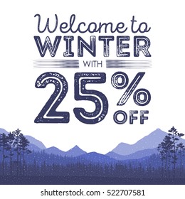 Winter sale words on the beautiful Christmas flat Winter holidays landscape background with trees, snowflakes, falling snow. Vector illustration