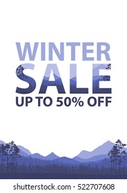 Winter sale words on the beautiful Christmas flat Winter holidays landscape background with trees, snowflakes, falling snow. Double exposure effect label.