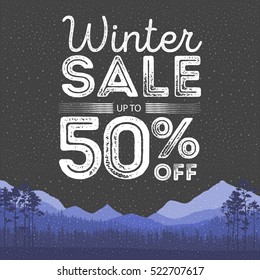 Winter sale words on the beautiful Christmas flat Winter holidays landscape background with trees, snowflakes, falling snow. Vector illustration