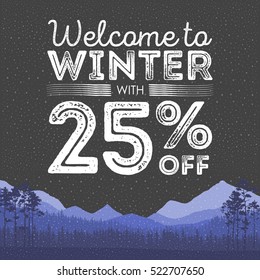 Winter sale words on the beautiful Christmas flat Winter holidays landscape background with trees, snowflakes, falling snow. Vector illustration