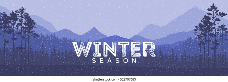 Winter sale words on the beautiful Christmas flat Winter holidays landscape background with trees, snowflakes, falling snow. Vector illustration