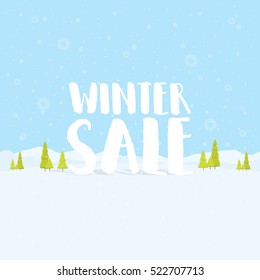 Winter sale words on the beautiful Christmas flat Winter holidays landscape background with trees, snowflakes, falling snow. Vector illustration