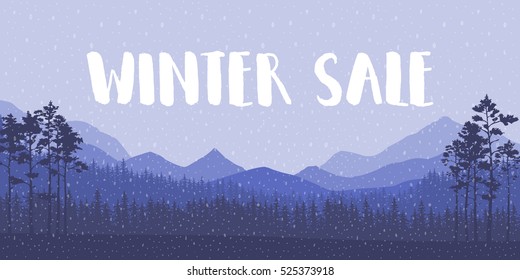 Winter sale words on the beautiful Christmas flat Winter holidays landscape background with trees, snowflakes, falling snow. Vector illustration