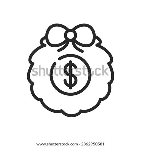 Winter Sale Wreath Icon. Vector Outline Editable Sign of Christmas and New Year Discount, Dollar Sign Decoration, Festive Seasonal Bargains, Xmas Special Offers, Holiday Promotion Symbol.
