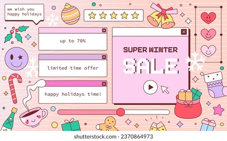 Winter Sale Y2K Banner. 90s Retro Vibe with Vintage Computer Screens and Groovy Colors! Cute Cartoon Christmas Decorations, Warm Chocolate Mood and Gifts Elements. Old Computer Vaporwave Design.