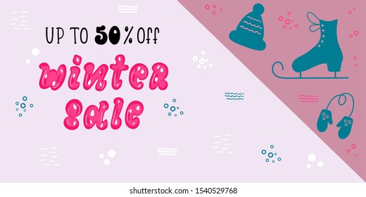 WINTER SALE-hand drawn lettering card background. Pink inscription with skates. Design sportswear, clothes for  banner, flyer, invitation, poster, discount. Vector illustration.